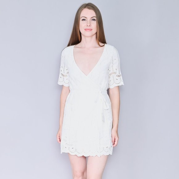 Tularosa Dresses & Skirts - TULAROSA White Rocky Wrap Eyelet Mini Dress